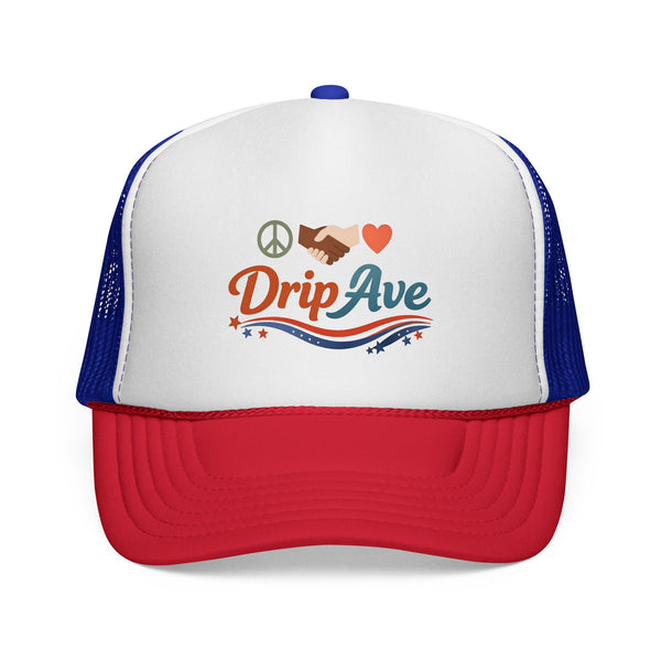 Drip Ave Trucker Hat — Retro Peace, Unity & Heart Mesh Cap - Unisex