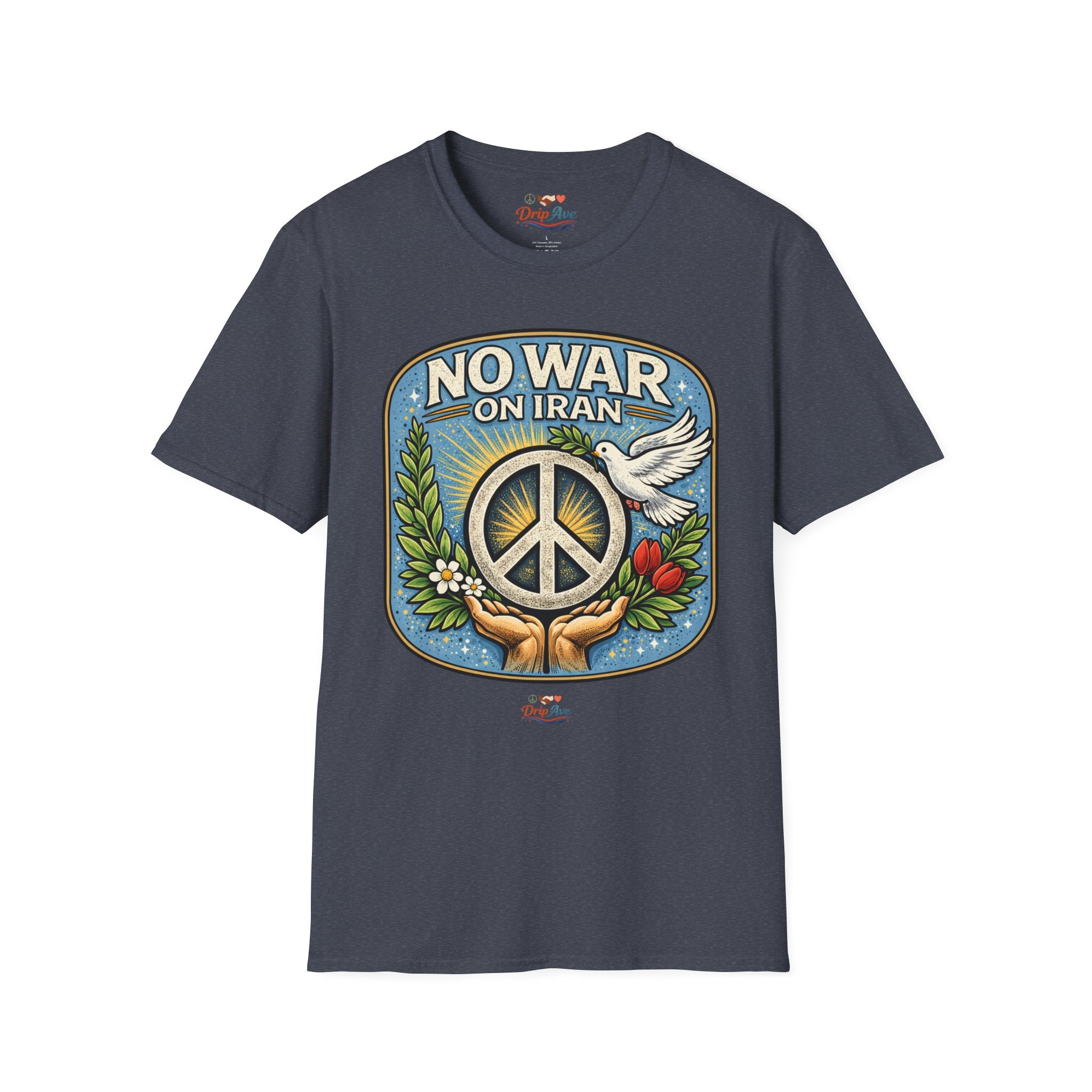 No War on Iran Unisex T-Shirt — Peace Symbol & Dove Protest Statement Tee