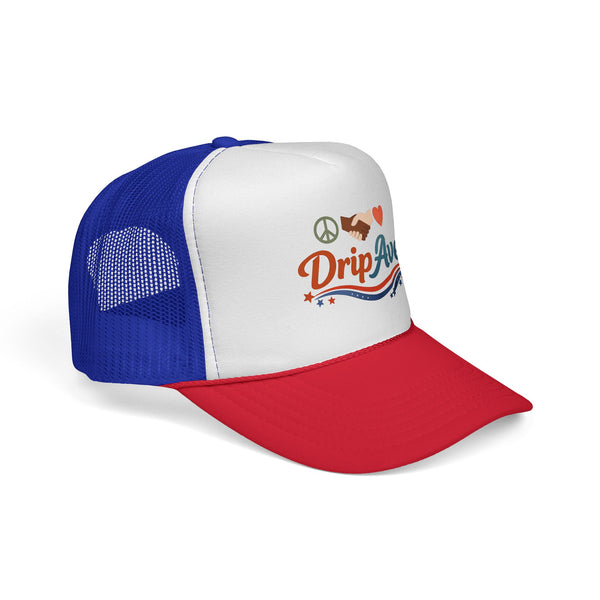 Drip Ave Trucker Hat — Retro Peace, Unity & Heart Mesh Cap - Unisex