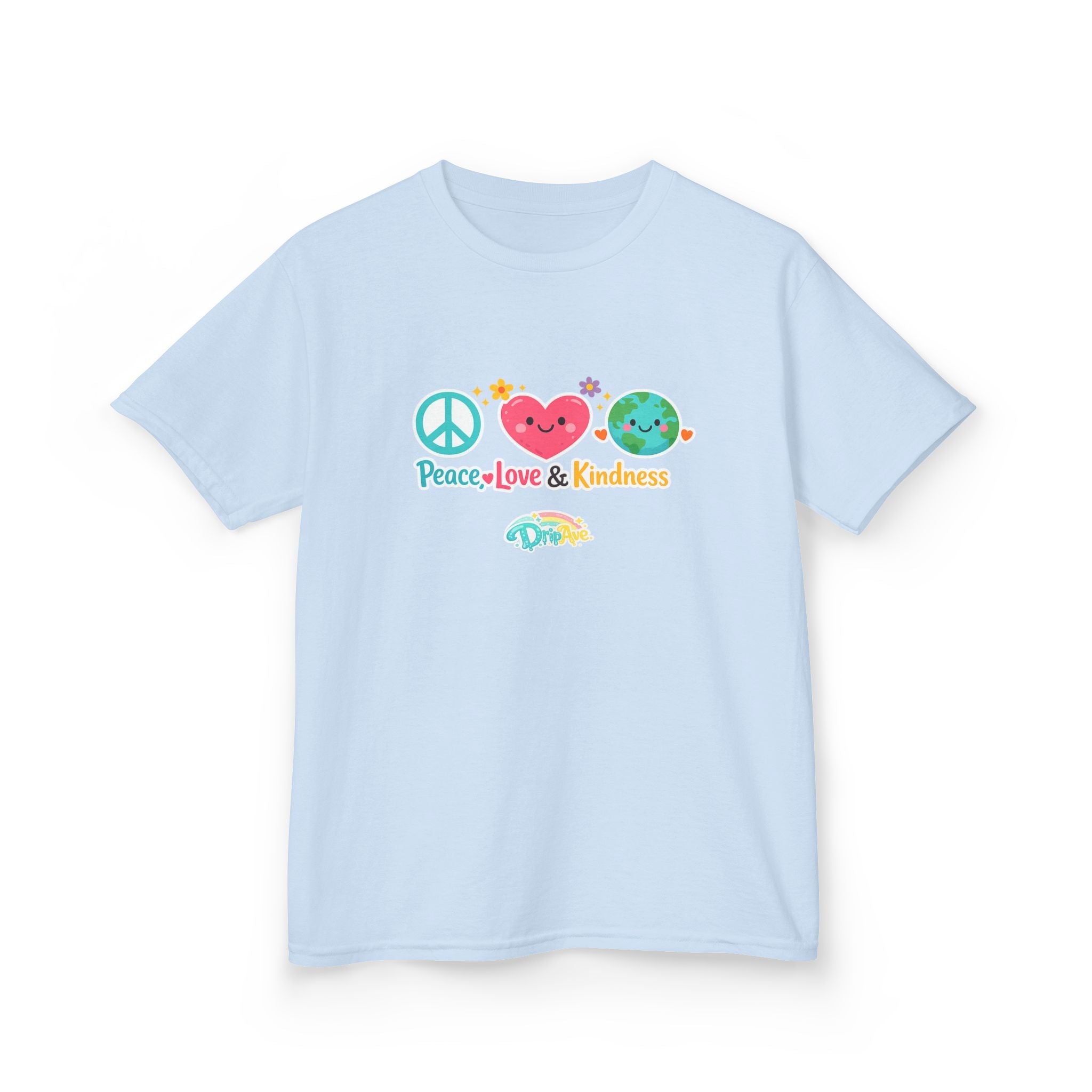 Kids Tee — "Peace, Love & Kindness" Cute Emoji Peace Earth Shirt
