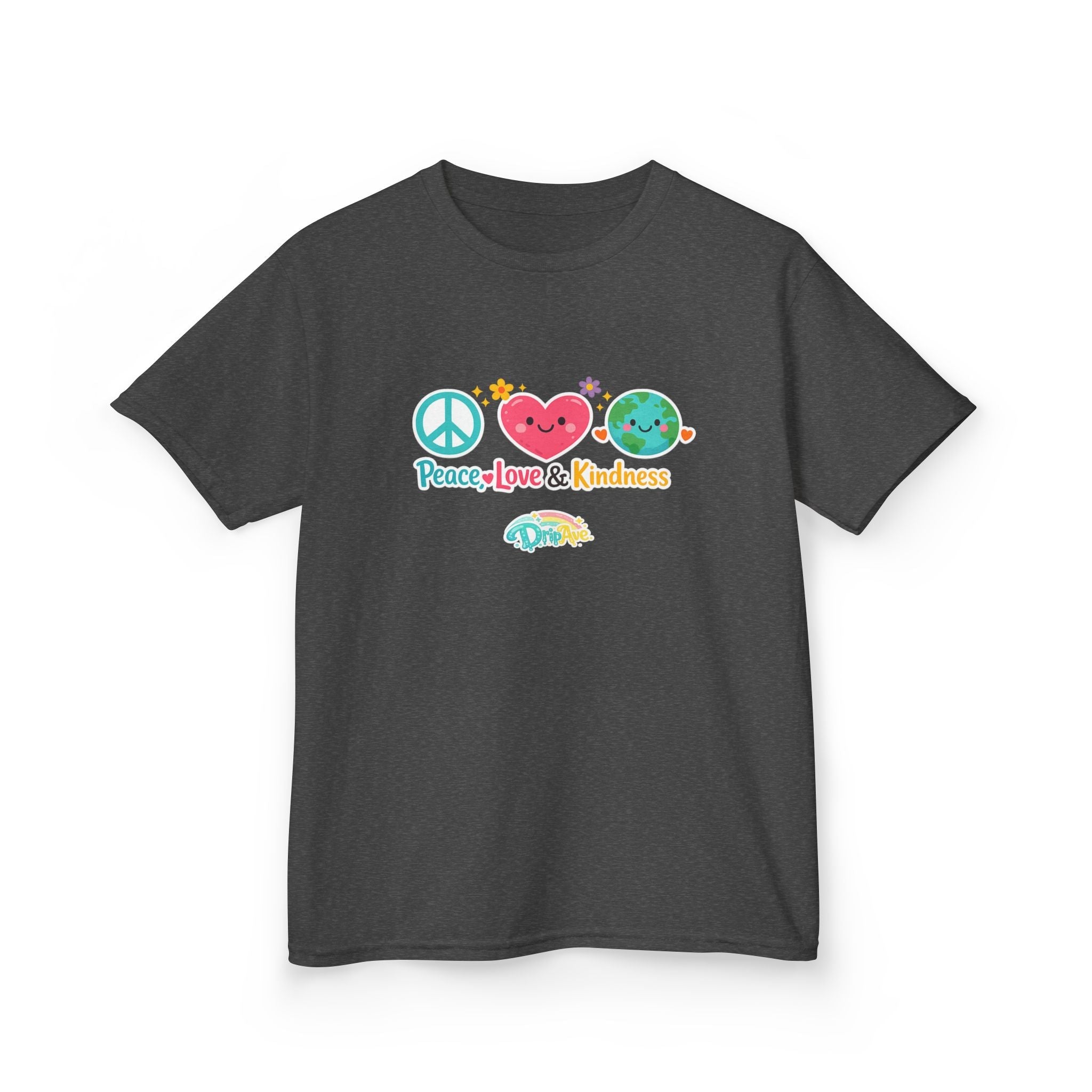 Kids Tee — "Peace, Love & Kindness" Cute Emoji Peace Earth Shirt