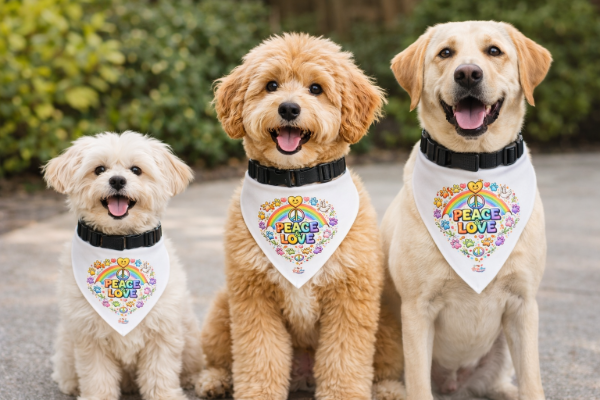 Peace & Love Clip-On Pet Bandana — Retro Floral Peace Sign for Dogs & Cats