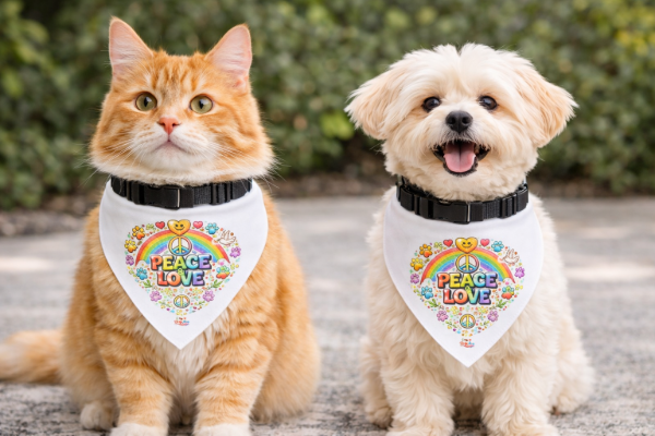 Peace & Love Clip-On Pet Bandana — Retro Floral Peace Sign for Dogs & Cats