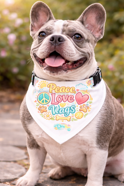Clip-on Pet Bandana — "Peace Love Wags" Retro Floral Dog Accessory