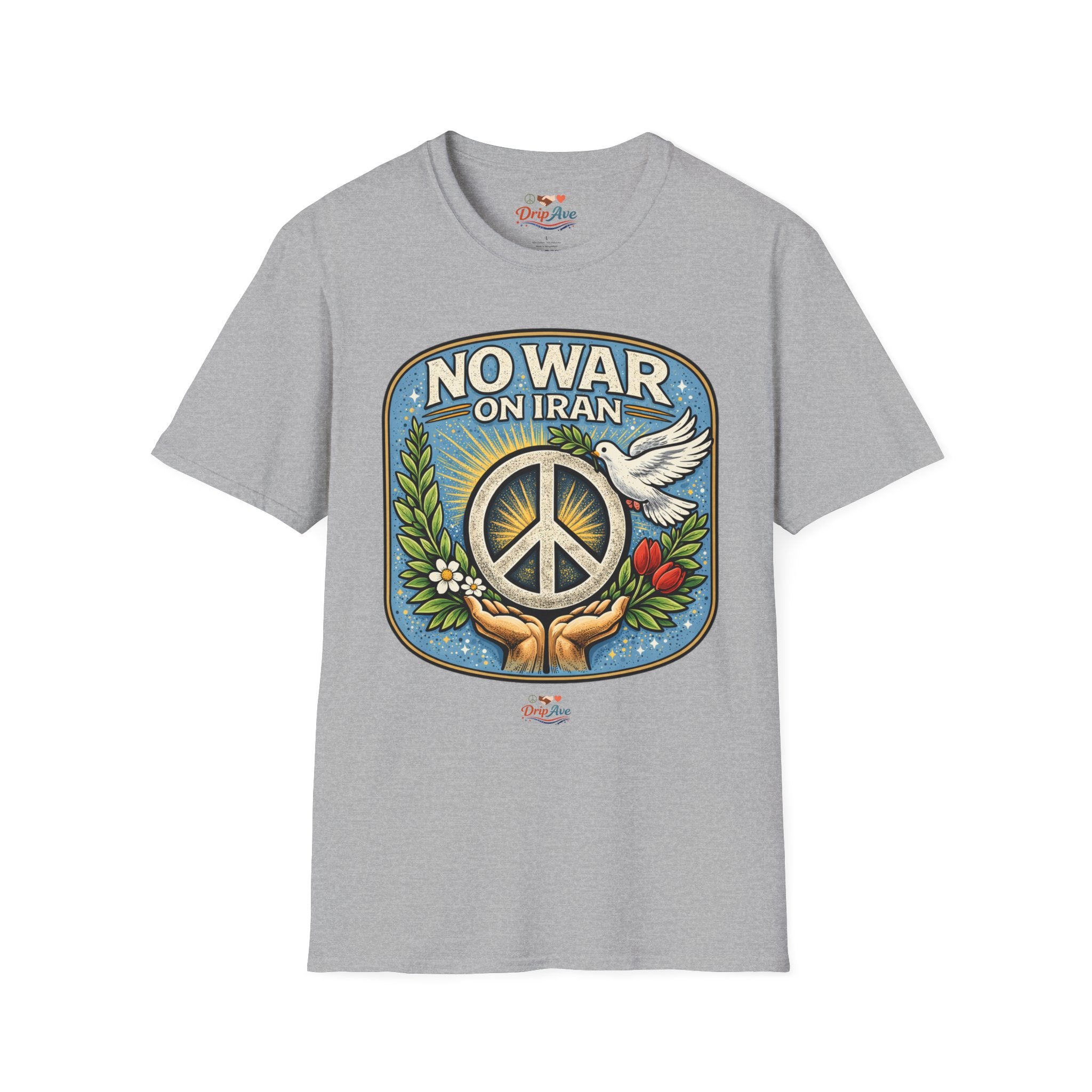 No War on Iran Unisex T-Shirt — Peace Symbol & Dove Protest Statement Tee