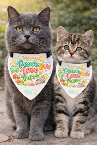 Clip-on Pet Bandana — ‘Peace, Love & Purrs’ Cute Rainbow Cat Accessory