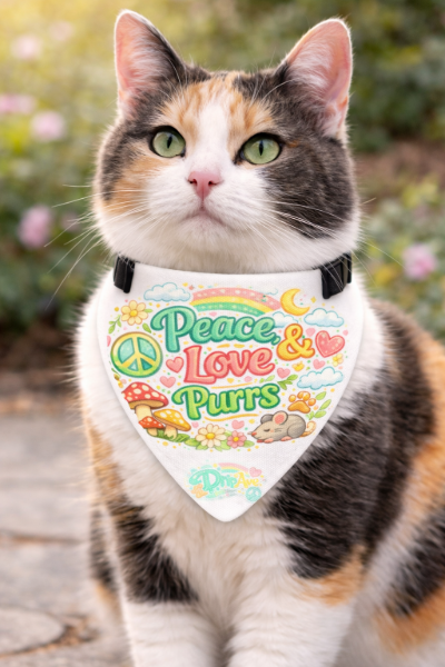 Clip-on Pet Bandana — ‘Peace, Love & Purrs’ Cute Rainbow Cat Accessory
